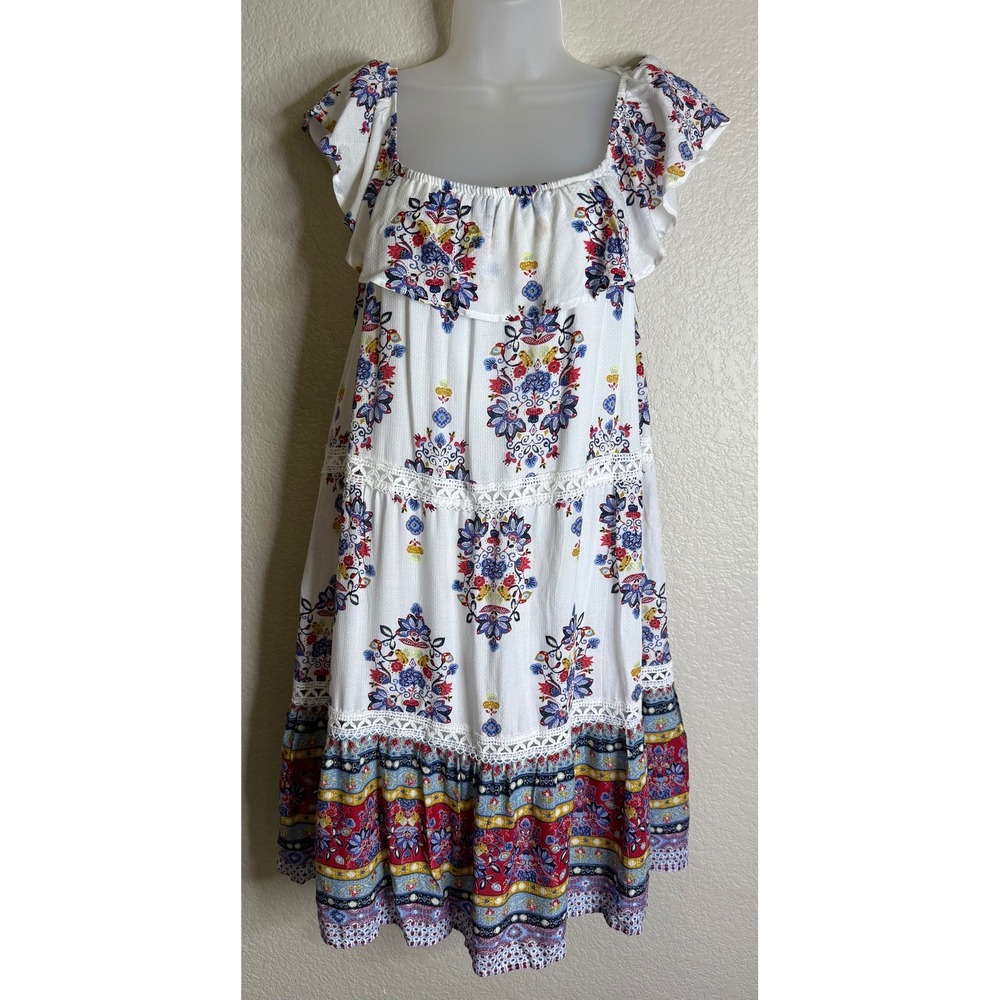 Eyeshadow Womens Small Dress‎ White Colorful Boho Floral Tiered Lace Trim Ruffle